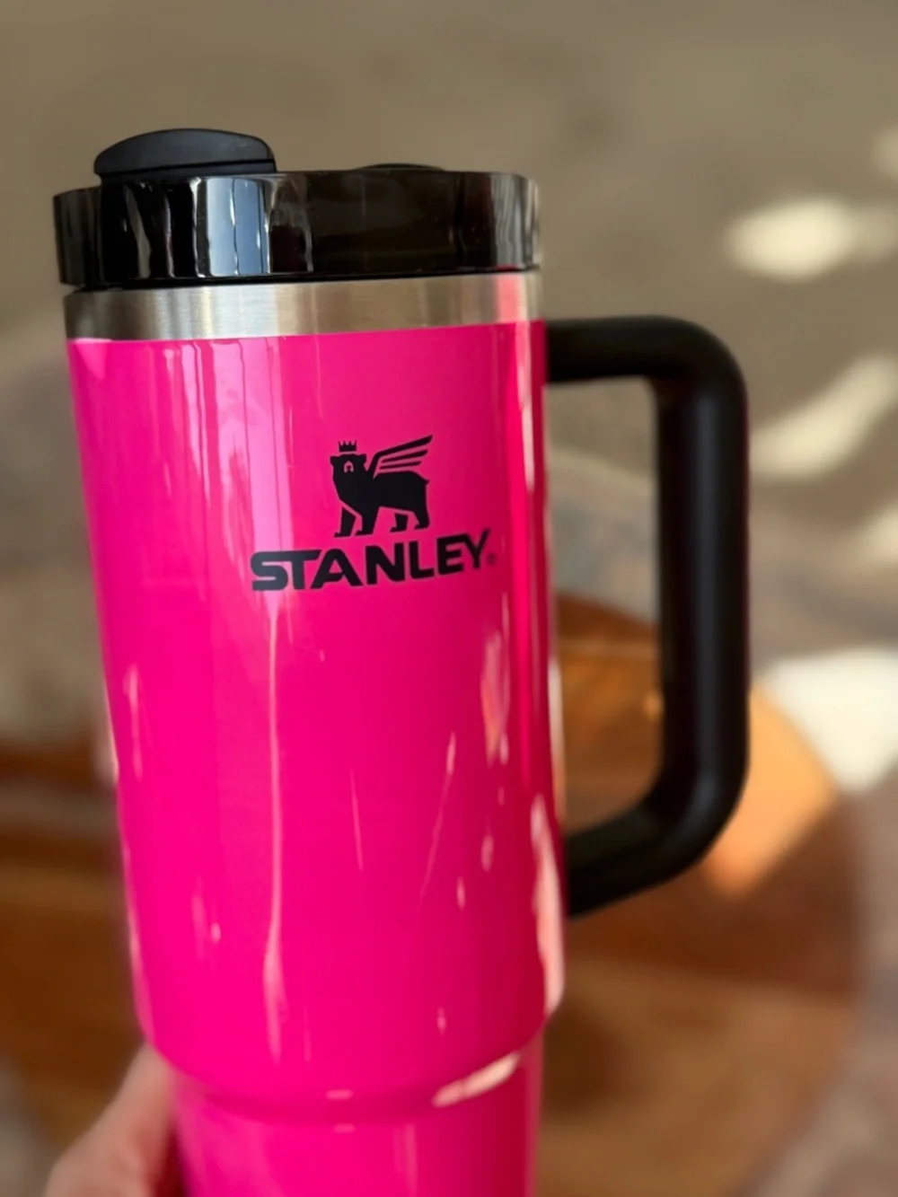 Stanley Bright Pink Travel 30 oz Tumbler with Black Lid and Handle + Pink Straw - Picture 14 of 16